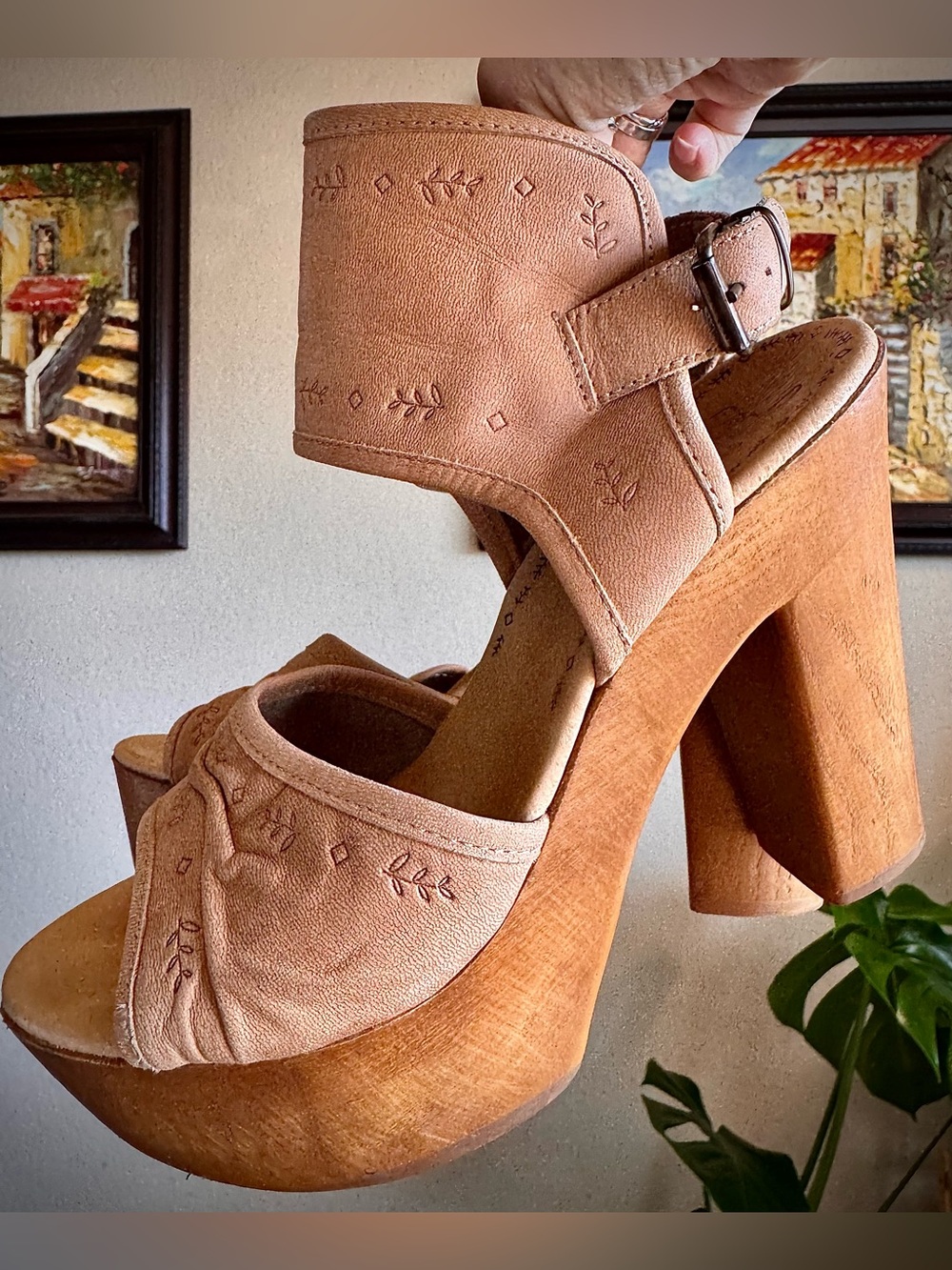 Cool Way Tan Brown Wooden Block High Heels 39 8
